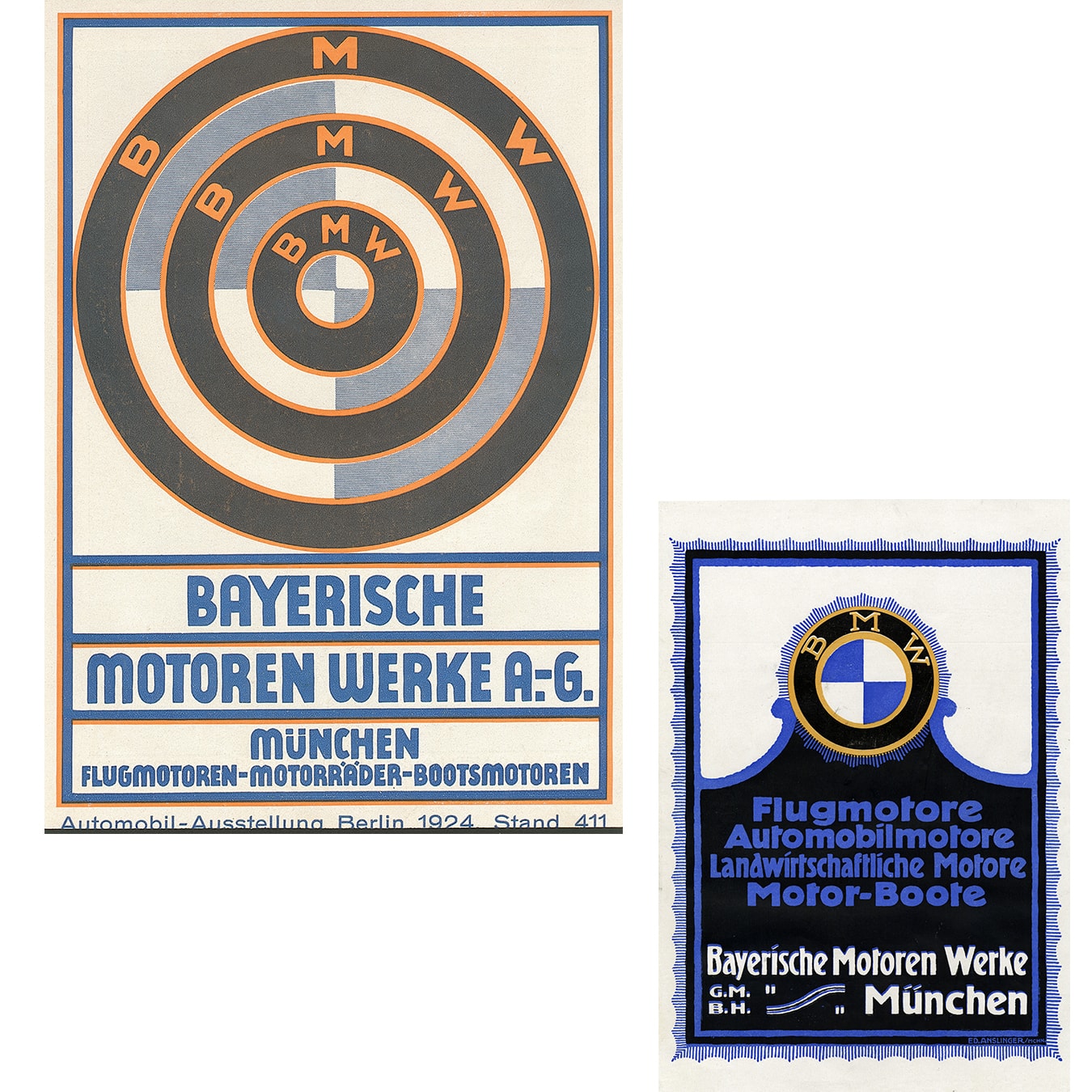 Left: This was the emblem that BMW used to present itself at the motor show in Berlin in 1924. Right: In the early years, BMW produced engines for a wide range of applications: aircrafts, automobiles, agricultural equipment and boats via BMW