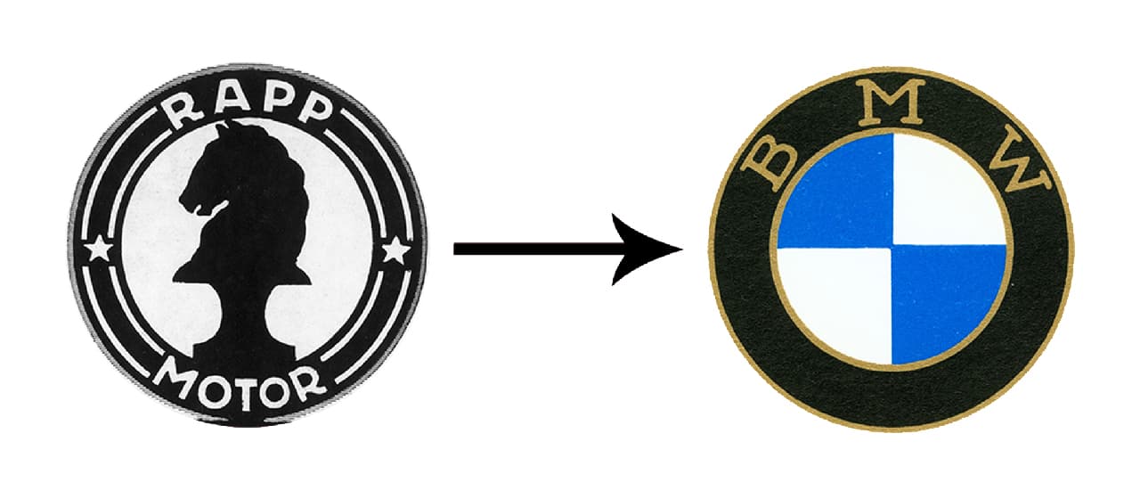 BMW emerged from the firm Rapp Motorenwerke GmbH (1913-1917). This can also be seen in the first BMW logo from October 1917, which continued Rapp’s tradition of having a black ring around the company logo bearing the company name via BMW