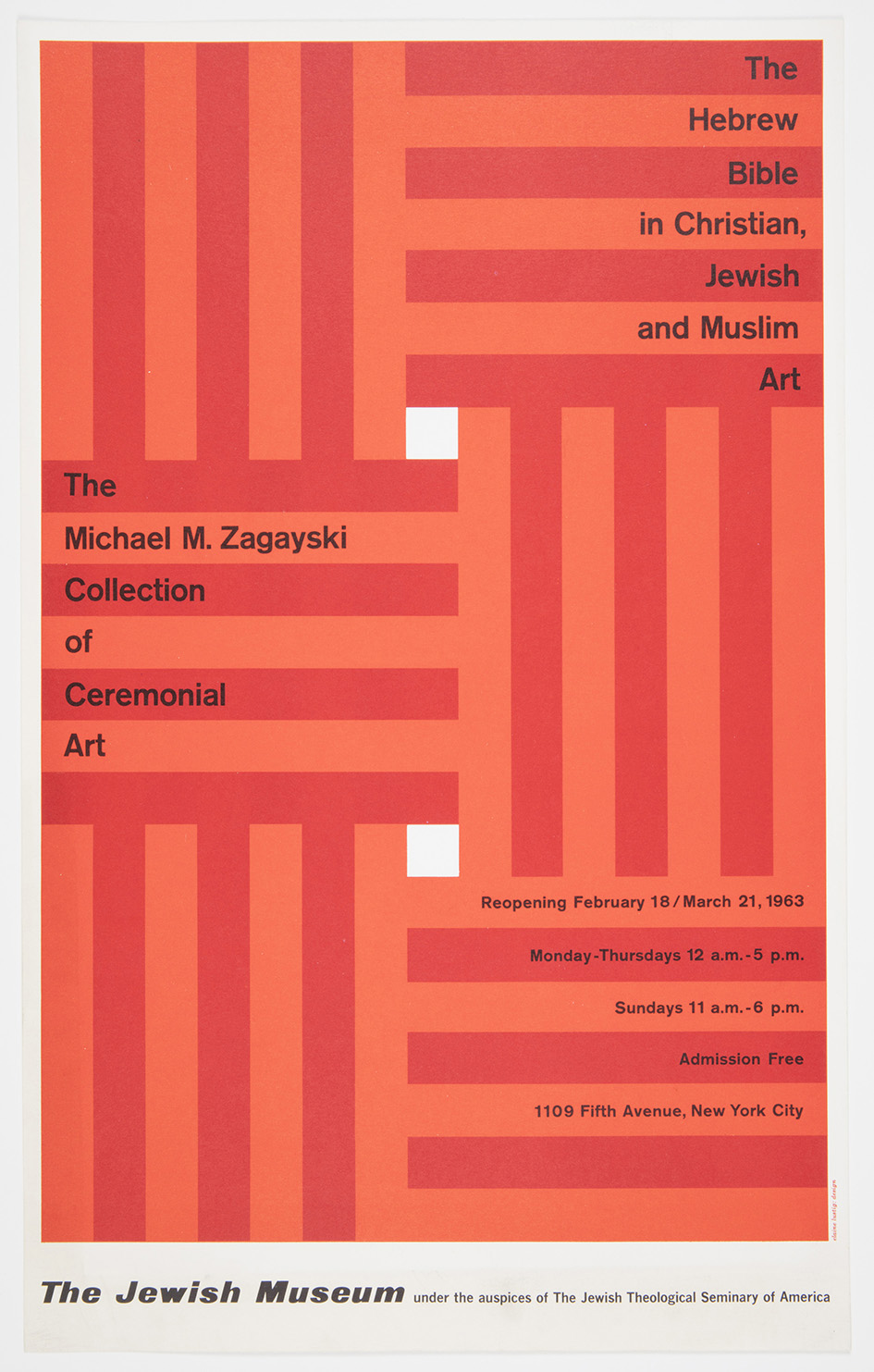 Elaine Lustig Cohen | Poster design for the Hebrew Bible in Christian, Jewish and Muslim Art: The Michael M. Zagayski Collection of Ceremonial Art, 1963 | Offset lithograph on off-white wove paper | Cooper Hewitt, Smithsonian Design Museum, New York, Gift of Tamar Cohen and Dave Slatoff, 1993-31-81. Artwork Â© Estate of Elaine Lustig Cohen; image provided by Cooper Hewitt, Smithsonian Design Museum / Art Resource, New York