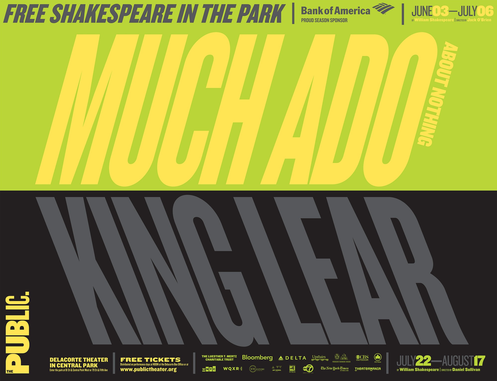 Shakespeare in the Park 2014: The works of William Shakespeare span from the lightest comedies to the darkest tragedies, a range celebrated in the 2014 productions of Shakespeare in the Park. The 2014 program juxtaposed Much Ado About Nothing, one of Shakespeare’s most joyful works, with King Lear, one of his most devastating. Pentagram's campaign for the 2014 festival brought the two plays against each other, with the lively green and yellow of Much Ado balanced by the shadowy black and gray of Lear. The contrasting points of view were paired in dramatically skewed typography, a first for the annual campaign. As always the type is set in Knockout, the font of the Public Theater identity.