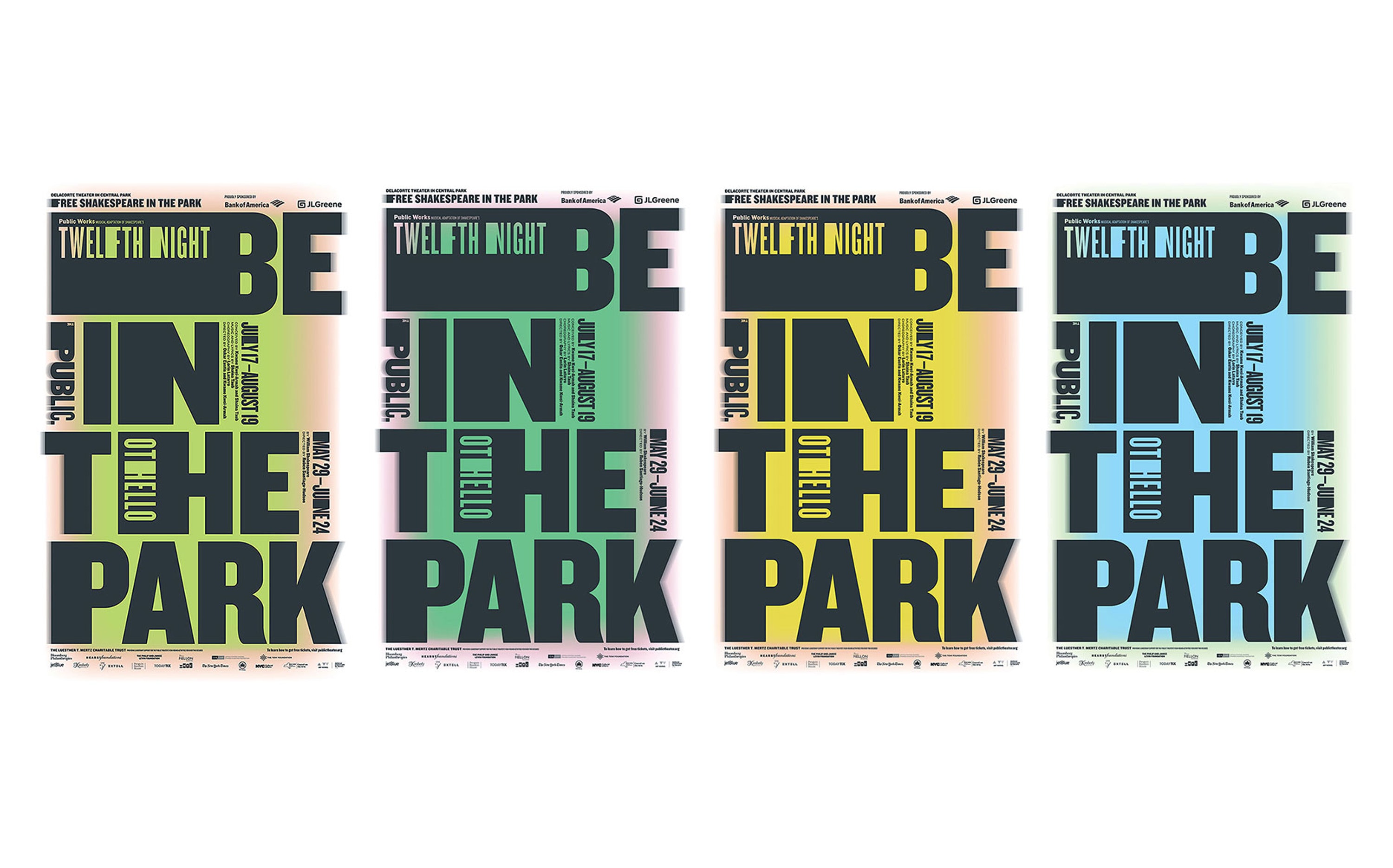 Shakespeare in the Park 2018: Othello and Twelfth Night were the featured productions in the 2018 edition of Shakespeare in the Park. For the season's promotional campaign Pentagram has combined striking extended typography, a fresh color palette and the tagline “Be in the Park.” This was the 24th Pentagram's campaign since 1994 with each year’s season design changes in the use and spirit of Knockout, the font of the Public identity. The letterforms of the 2018 graphics stretch and expand to dynamically fill the space on a field of gradated color. In a first for the Shakespeare in the Park campaigns, the posters were originally conceived to appear as animated graphics.  Working with Pentagram, the in-house team at the Public extended the look of the posters into additional applications, including a complete system of signage for the Delacorte, gala invites, and swag such as t-shirts and totes. The typographic approach was also a preview of the graphics for the upcoming 2018-2019 season at the Public, which will build on the Shakespeare campaign to create a full visual personality for the year, including the season brochure, posters, print advertisements, and banners for the façade of the Public, as well as promotional materials.