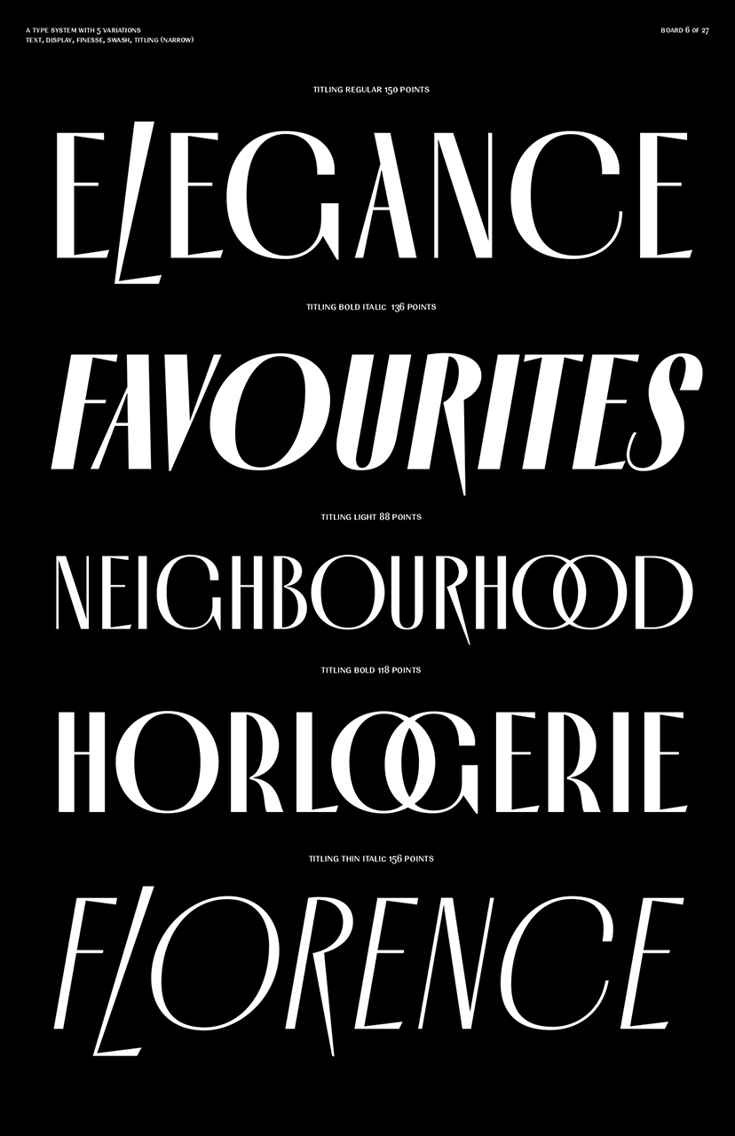 Marlet projects elegance and understated luxury, bringing femininity and all its complexities into the limelight, with lean lines concluding to subtle humanist curves which reference simplicity and underline the font’s exquisite quality. Its thick-thin, serifless strokes express the modernity of the fashion industry, breaking away from the monotone sans serif.