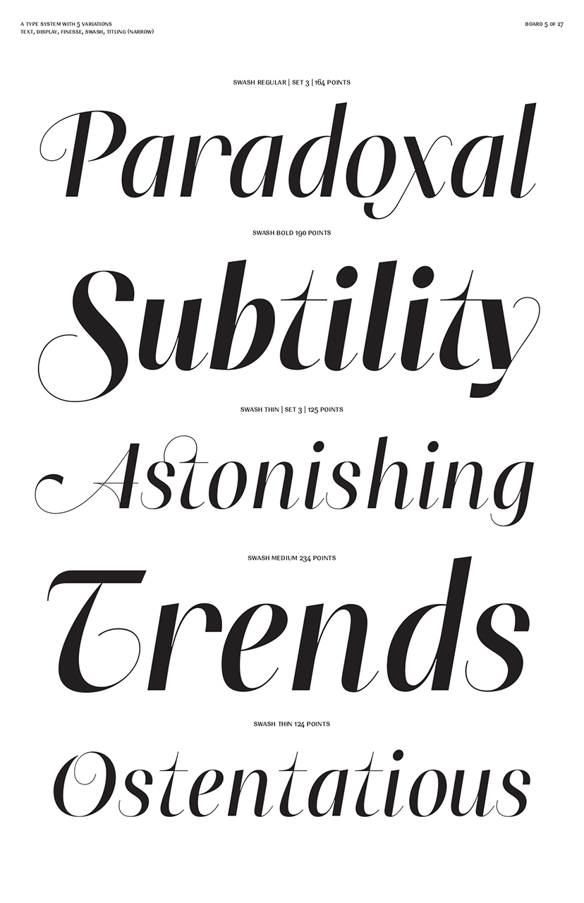 Contrary to the other families, the sophisticated capitals of the Display version come with slightly tapered strokes in order to embody the contemporary qualities of a sans serif typeface into the dynamic virtue of a serif.