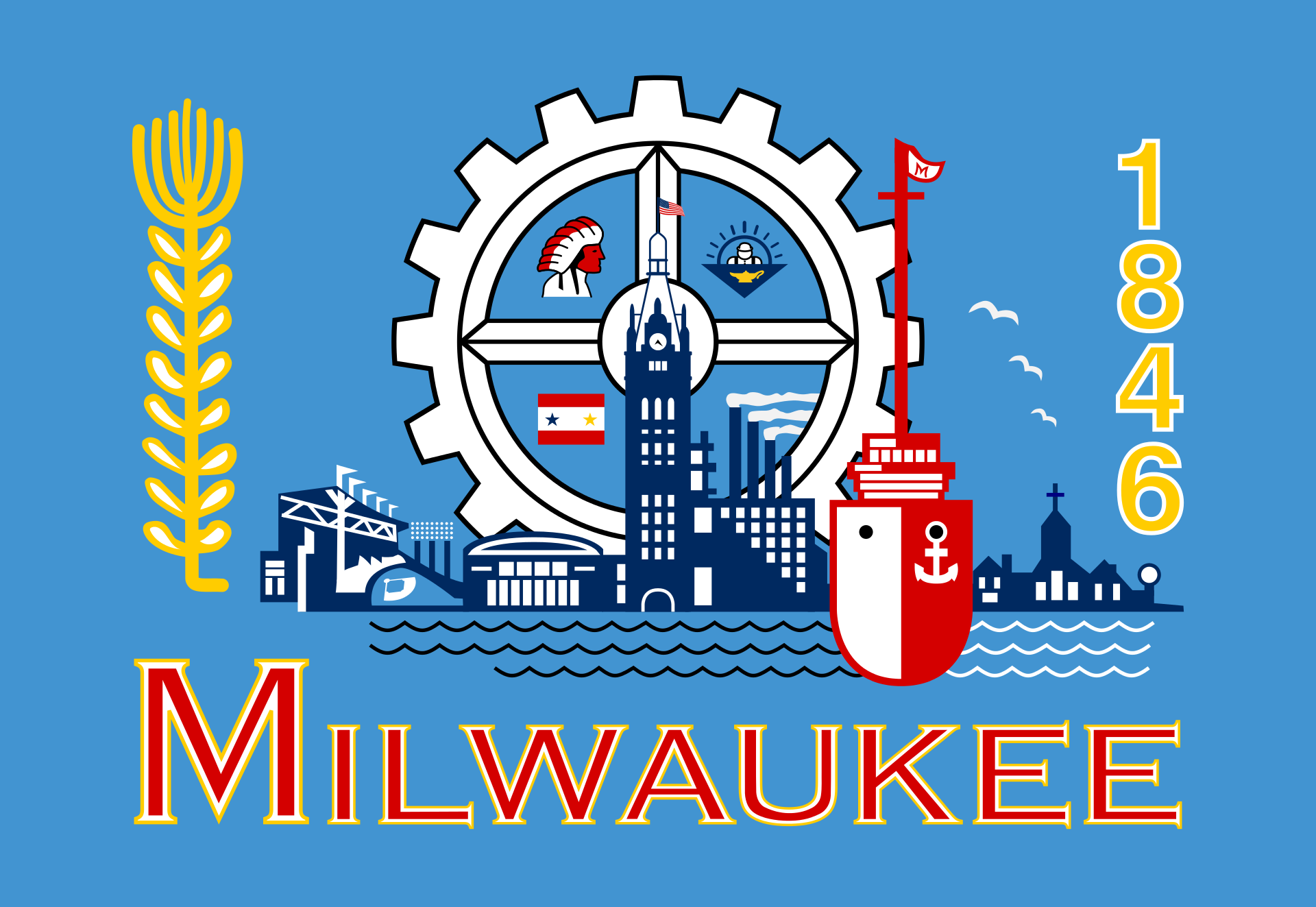 In the 1950s, Milwaukee leaders discovered it was one of only four cities with a population over 500,000 without a flag, leading the city to hold a contest for flag designs. Former alderman Fred Steffan created a banner combining elements of some of the better entries. Despite its official adoption in 1954, the flag had gone largely unnoticed and underutilized. In a 2004 poll conducted by the North American Vexillological Association, Milwaukee’s flag was rated the fourth worst of all major cities in the United States, ranking #147 out of 150 cities, with a score of 1.59 out of 10.
