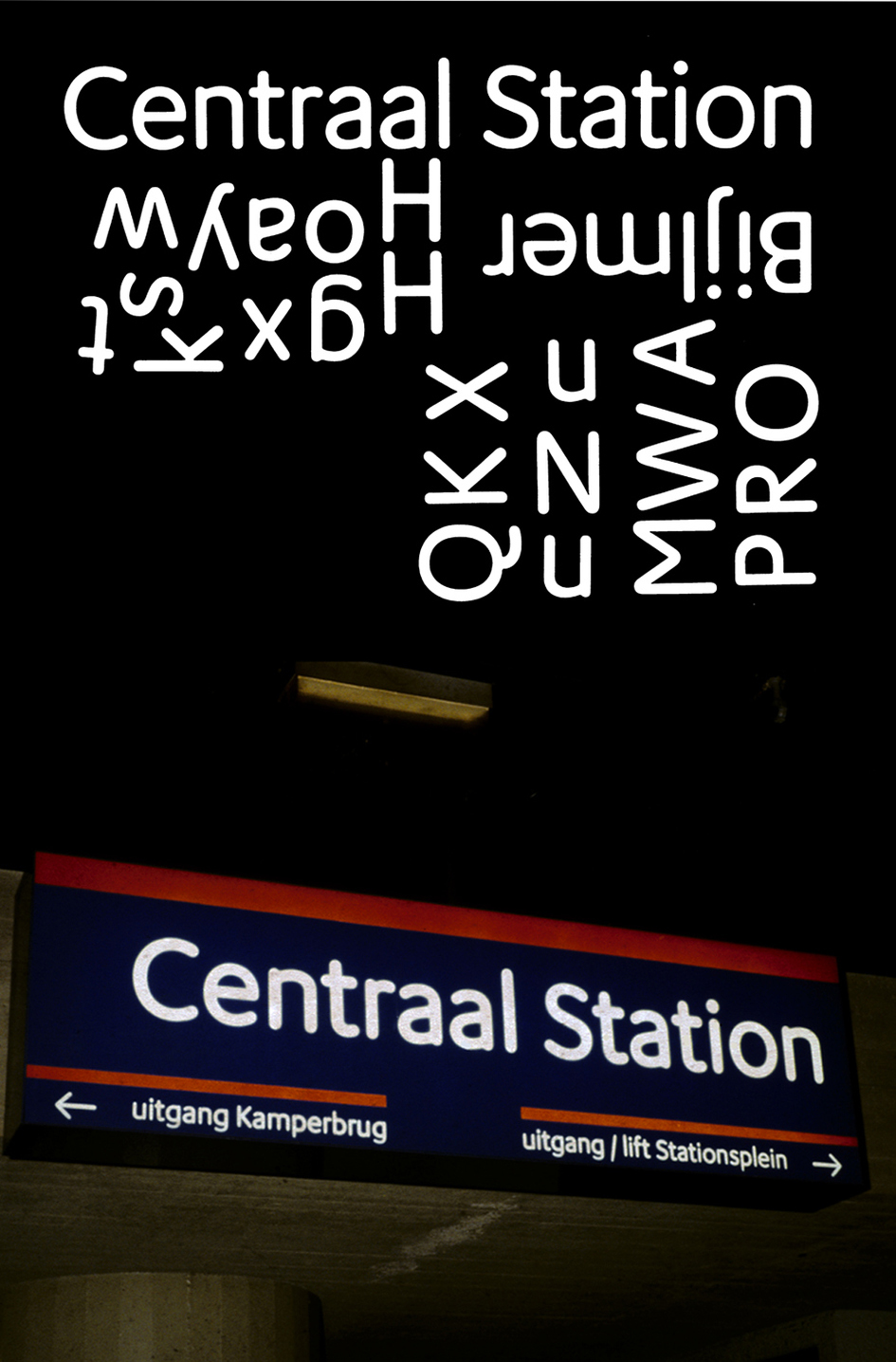 A draft of M.O.L. and its ap­plic­a­tion in the real world. By the way, the typeface’s name refers to the Dutch word “mol” (mean­ing “mole”)—at first, the de­sign­ers had the idea of mak­ing the an­im­al the mas­cot of the Am­s­ter­dam Metro. There would be a gi­ant mole­hill out­side each sta­tion in the city, with a mole point­ing the way to the en­trance with his nose. This pro­pos­al was re­jec­ted by city au­thor­it­ies, but was al­lowed to live on in the name of the typeface. Image via Typejournal.ru