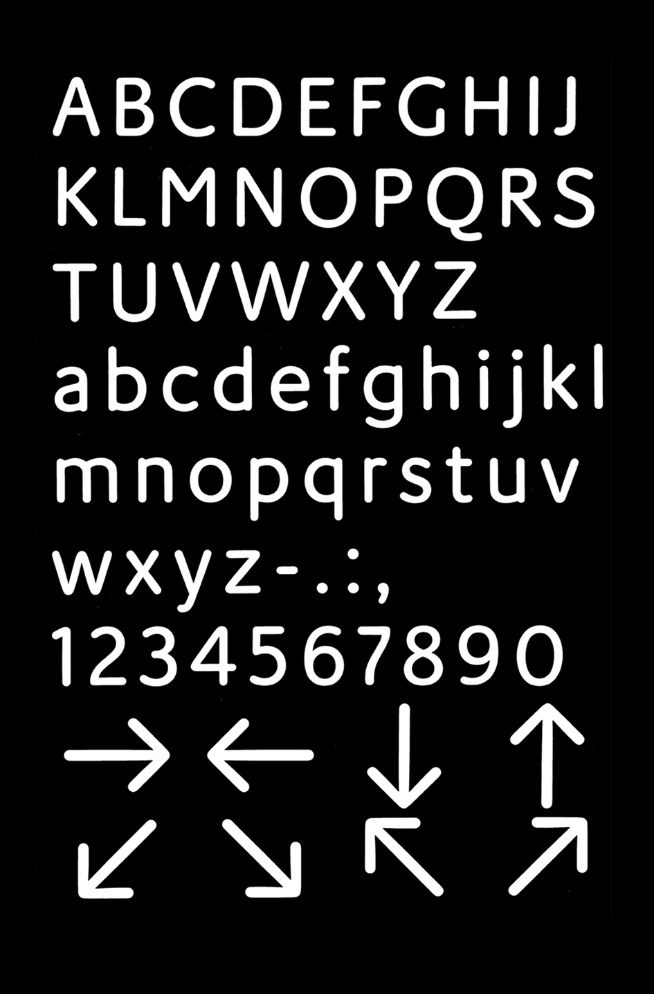 M.O.L. (1974)—this typeface for sig­nage in the Am­s­ter­dam Metro was cre­ated in a work­ing group led by Dutch de­sign­er Pieter Brat­tinga. This is one of Un­ger’s first ex­per­i­ments with read­ab­il­ity. In the dif­fi­cult con­di­tions of the un­der­ground (Un­ger even has this draft on a black back­ground), the forms of let­ters are lost and seem to drown in spots of light on bright light­boxes. From here fol­lows Un­ger’s de­cision to “an­ti­cip­ate” this dis­tor­tion: he made the coun­ters of let­ters (the spaces with­in them) lar­ger and roun­ded off stroke end­ings. Image via Typejournal.ru