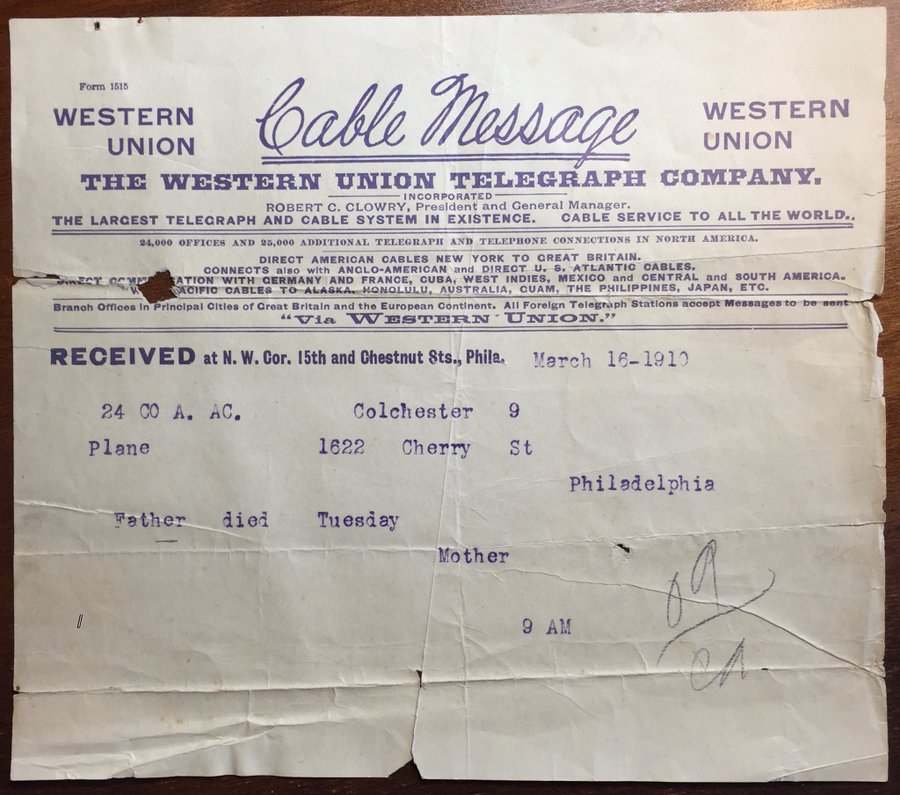 "When each typed letter carried a cost, messages were necessarily pithy.  But you could still feel the emotional impact. 1910" via Twitter@@JAStokesNJ 