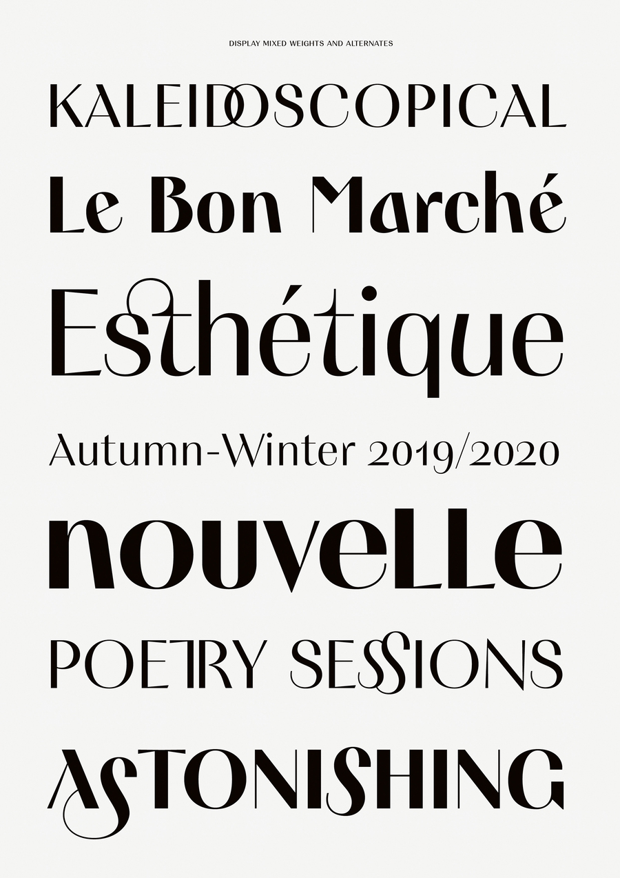 Designed by Parachute's founder and type designer Panos Vassiliou, Marlet is a new typeface based on a minimalist approach in order to express elegance. It takes cues from the 1920s and 1930s, decades that embraced women’s independence. The font aims to bring femininity and all its complexities into the limelight, with lean lines concluding in subtle curves that reference simplicity and emphasise the font’s distinctive character. Its thick-thin, sans serif strokes also underline the modernity of the fashion industry. The type system incorporates contrasts progressing from low through medium to high, and offers differentiated letter widths for titling, as well as 64 eclectic patterns.