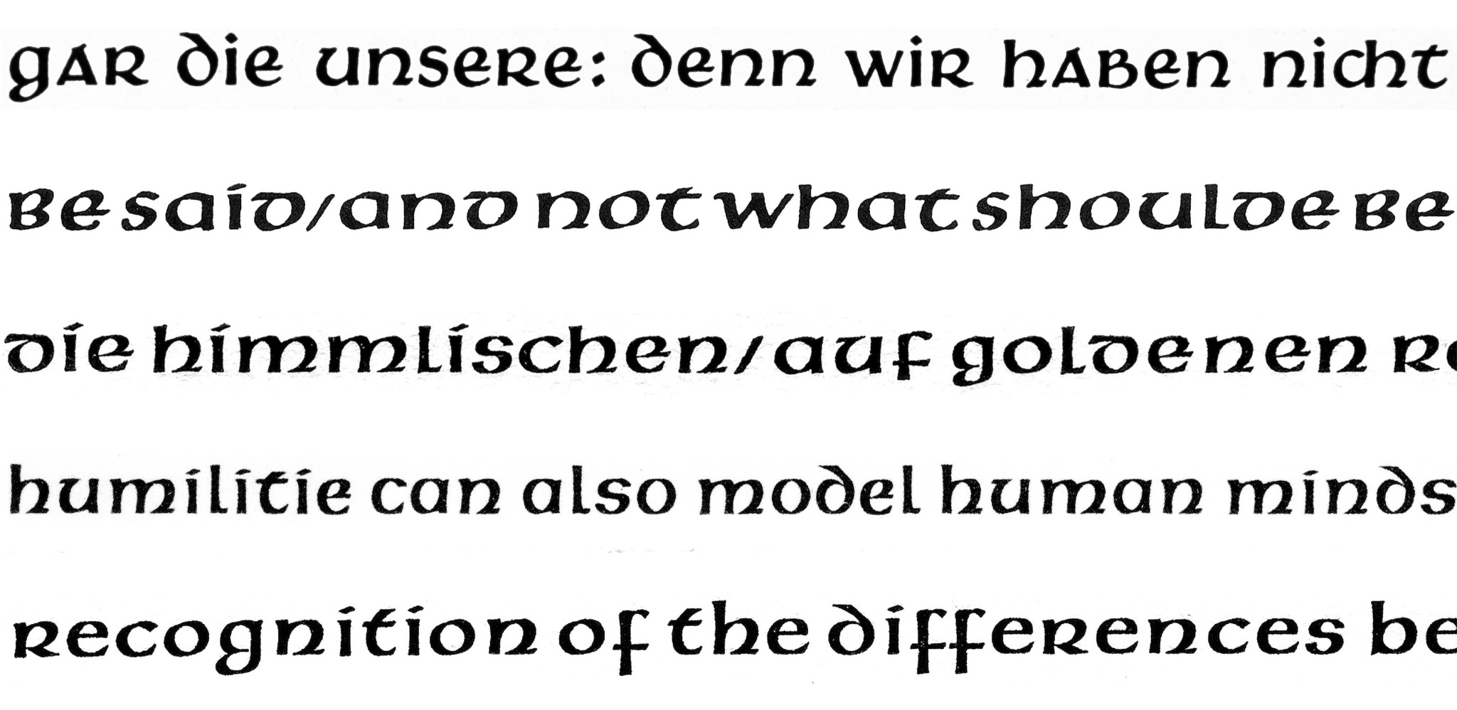 "Unicase/lowercase-only comparison of five Victor Hammer typefaces: Hammerschrift, Samson, Pindar, Aurora Uncial and American Uncial (from top to bottom). No majuscule forms are used in this comparison since Hammerschrift and Samson did not have uppercase letters. This comparison provides a good overview of how Hammer’s ideas about the uncial seem to have evolved over the more than 20 years he had been designing type. You can see that certain letterforms remained the same over time – like the “r” and the “n.” After the Hammerschrift, Ham­mer’s uncials had single-story “a” designs. Although he chose a shorter form for the “d” in Samson and Pindar, he reverted to his longer-descender form for Aurora Uncial and American Uncial" Image via TypeOff